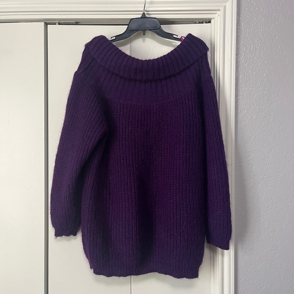CROQUET CLUB Purple Off Shoulder Chunky Knit Mohair Blend Sweater L‎